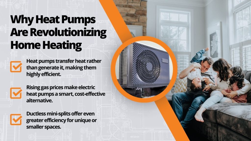 This is an image of a family having fun horsing around on a couch in a comfortable home. There is an overlaid, new heating unit and a headline that reads; Why Heat Pumps Are Revolutionizing Home Heating.