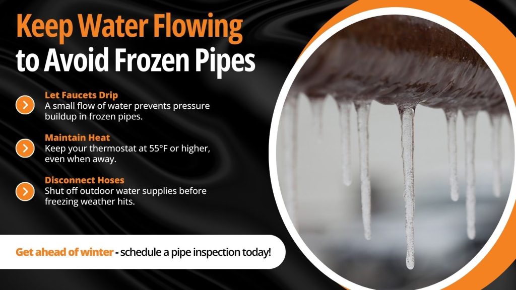 This is an image of frozen pipes. The headline reads; Keep water flowing to avoid frozen pipes.