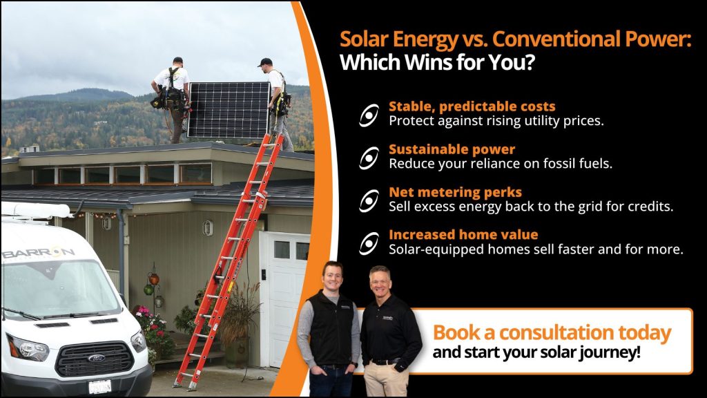 This is an image of two solar installers, putting a panel on a roof. The headline read, solar energy versus conventional power: which wins for you?